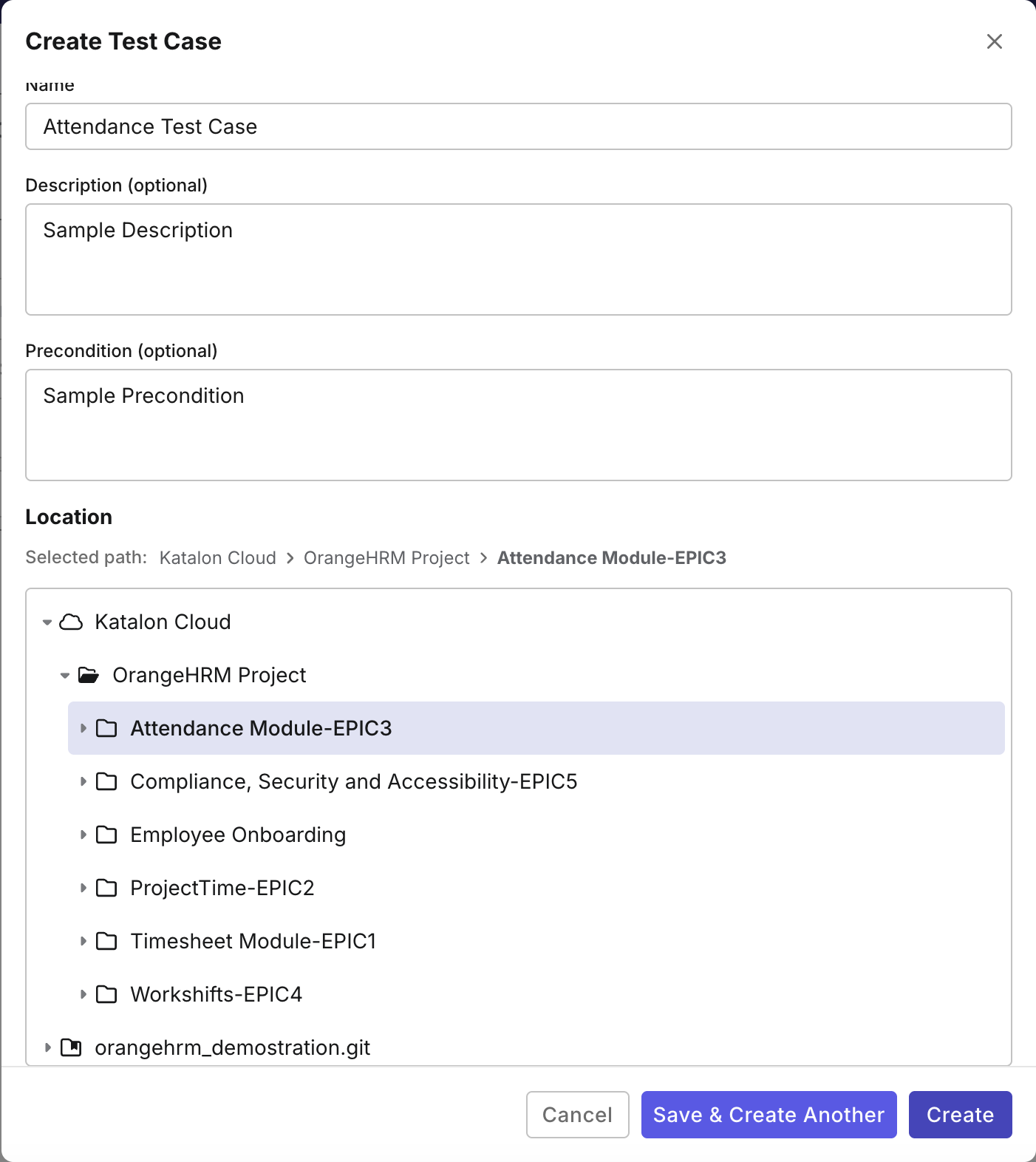 Create test case dialog box in Katalon TestOps